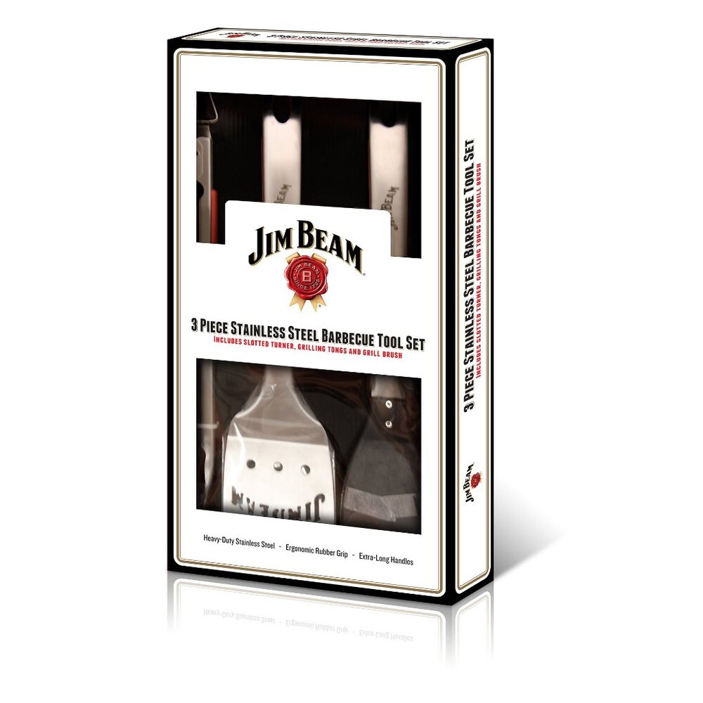 Jim Beam Stainless Steel BBQ Tool Set 3 piece Tongs / Brush / Slotted Turner NWT